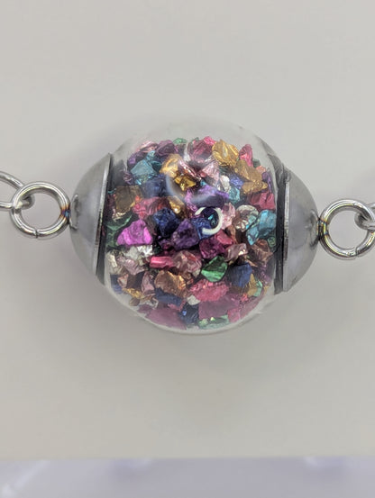 Multicolor Jewel-Tone Stone Flecks In Globe on Silver Paperclip Chain Bracelet
