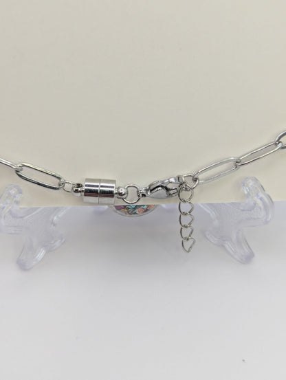 Multicolor Jewel-Tone Stone Flecks In Globe on Silver Paperclip Chain Bracelet