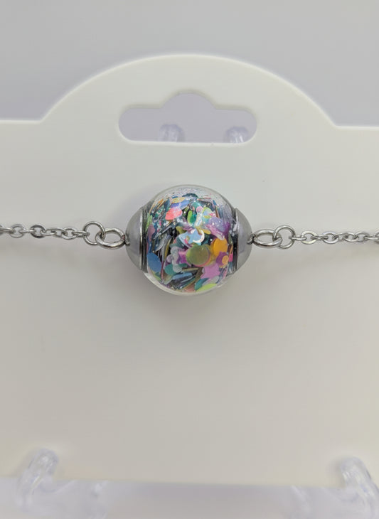 Multicolor Chunky Glitter Globe on Adjustable Silver Bracelet