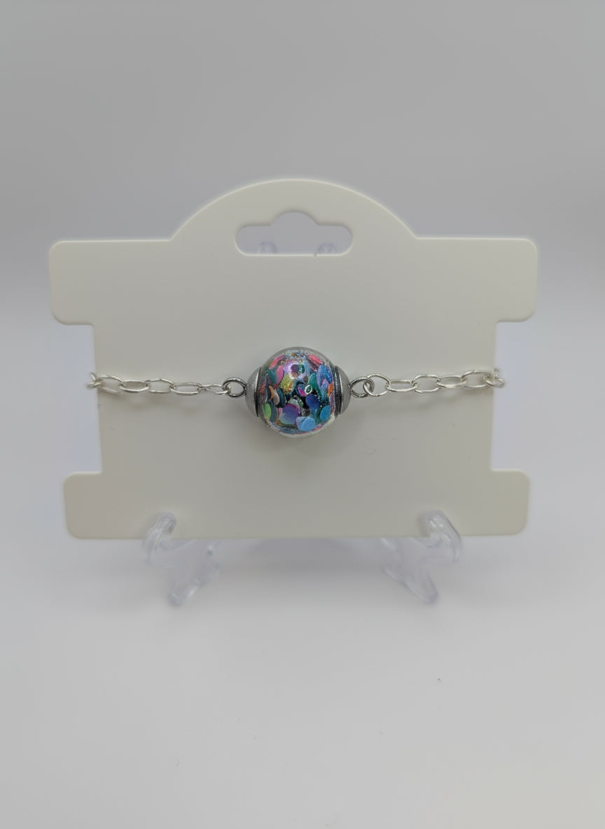 Multicolor Abstract Glitter Globe on Adjustable Chunky Silver Bracelet