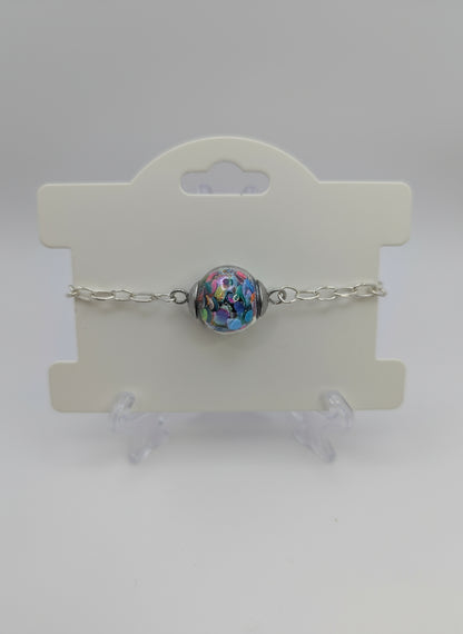Multicolor Abstract Glitter Globe on Adjustable Chunky Silver Bracelet