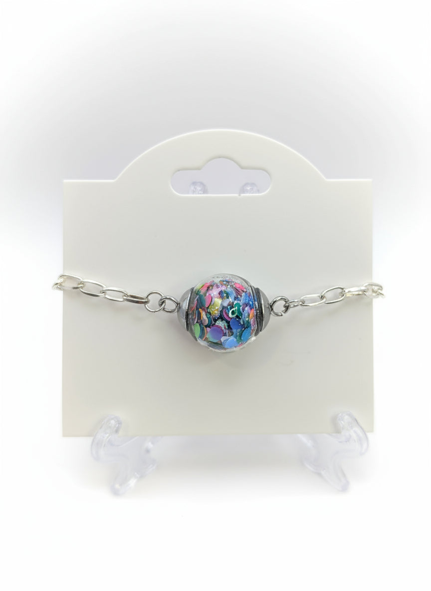 Multicolor Abstract Glitter Globe on Adjustable Chunky Silver Bracelet
