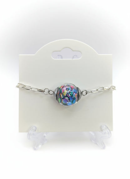 Multicolor Abstract Glitter Globe on Adjustable Chunky Silver Bracelet