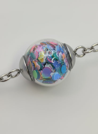 Multicolor Abstract Glitter Globe on Adjustable Chunky Silver Bracelet
