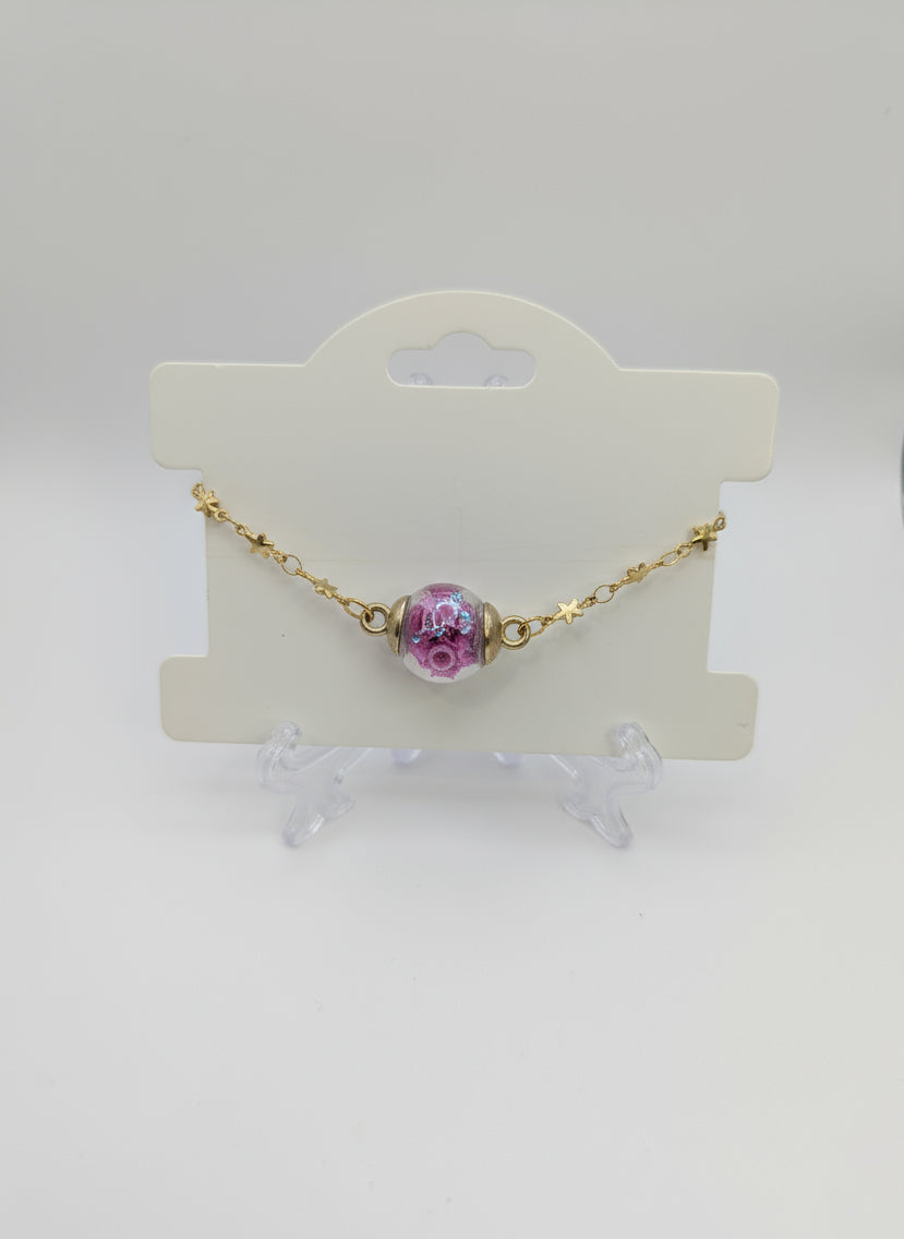 Fuchsia Star Glitter Globe Bracelet on Brass Chain