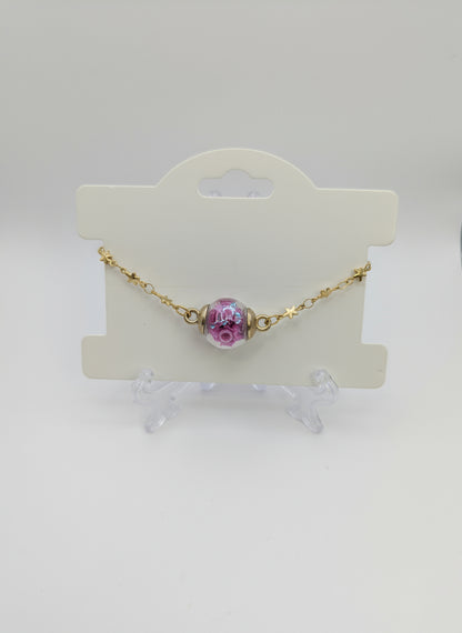 Fuchsia Star Glitter Globe Bracelet on Brass Chain