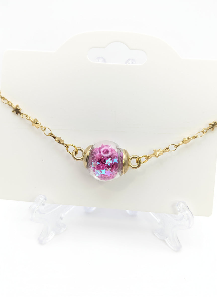 Fuchsia Star Glitter Globe Bracelet on Brass Chain