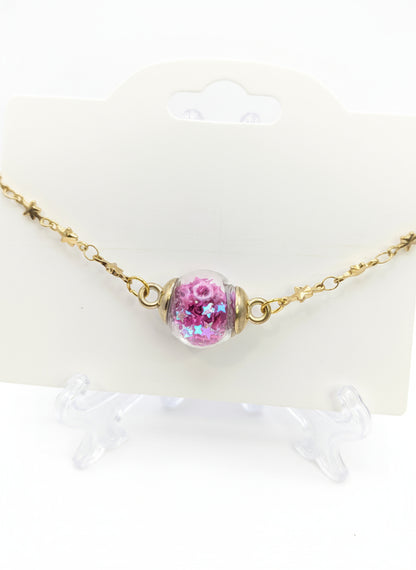 Fuchsia Star Glitter Globe Bracelet on Brass Chain
