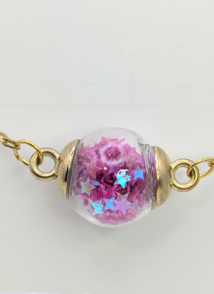 Fuchsia Star Glitter Globe Bracelet on Brass Chain