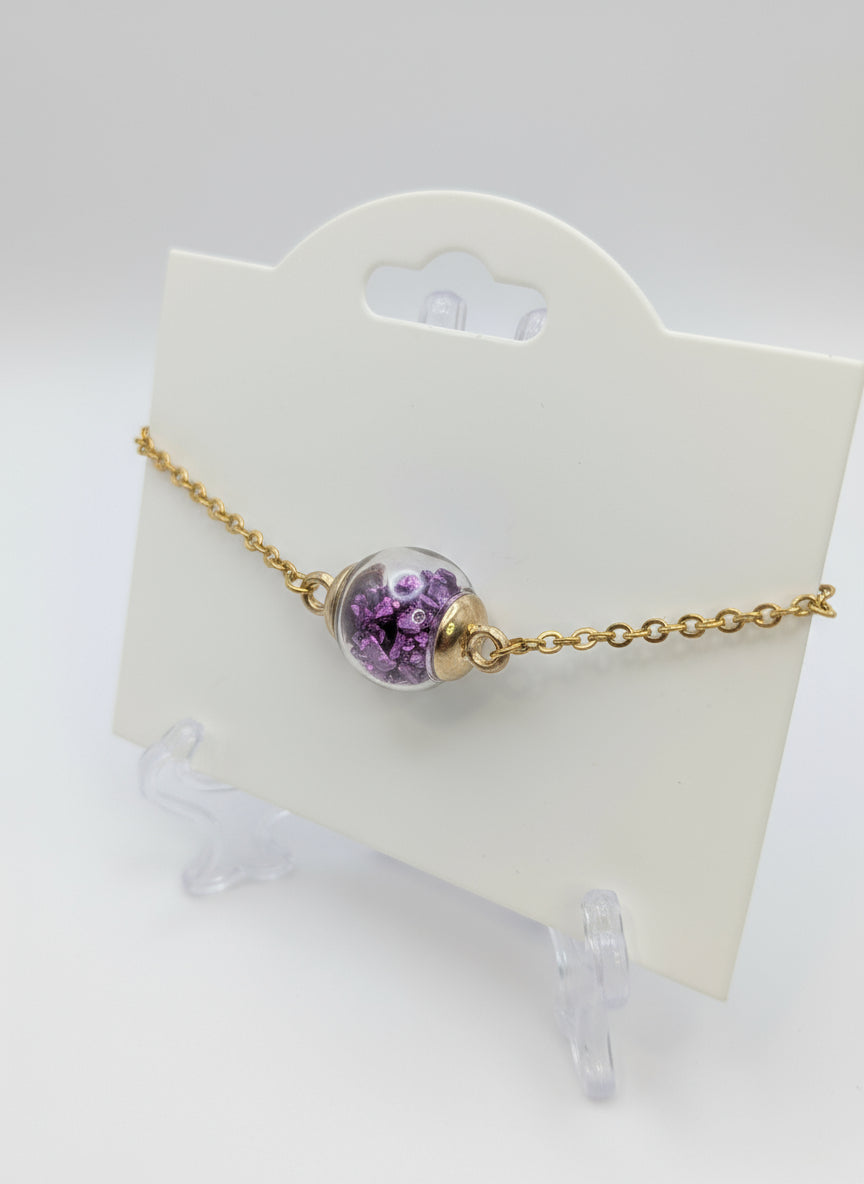Purple Fleck Glass Globe Bracelet on Adjustable Gold Chain