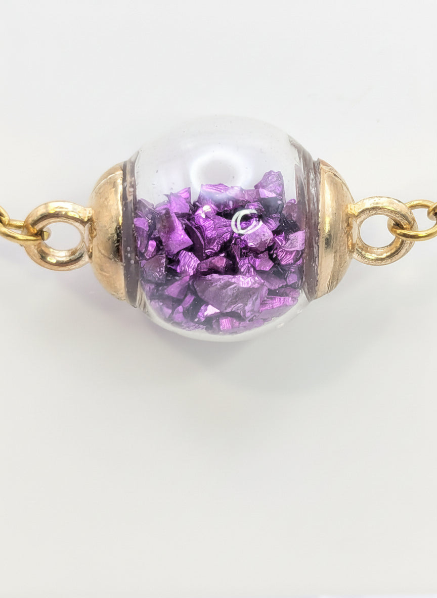 Purple Fleck Glass Globe Bracelet on Adjustable Gold Chain