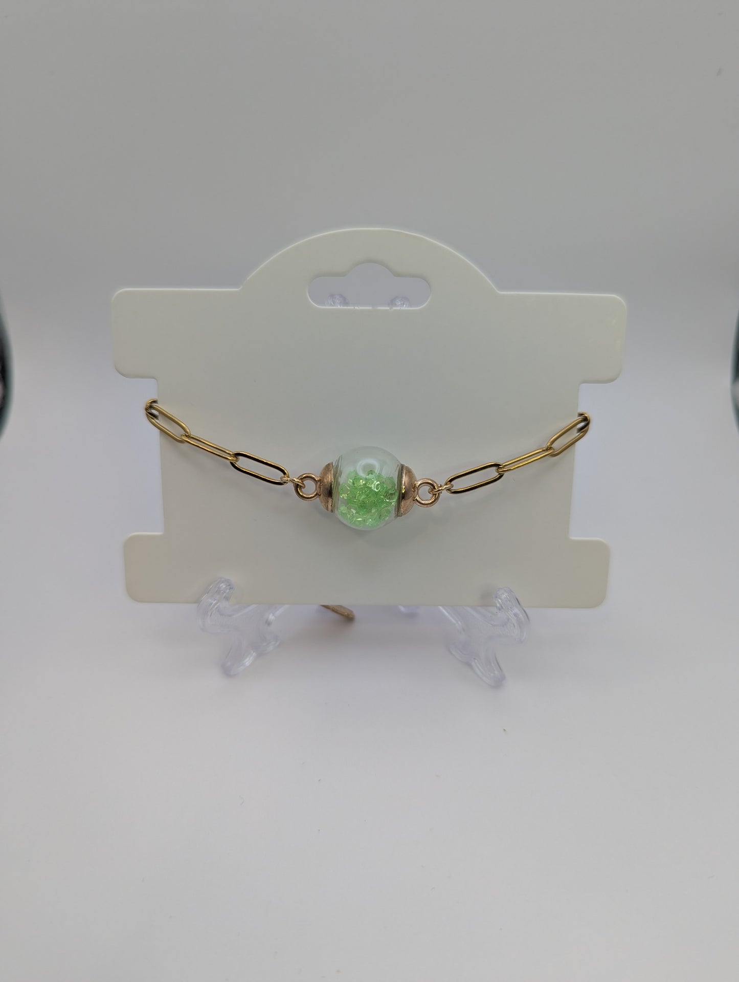Lime Green Rhinestones Globe Bracelet on Paper-Clip Chain