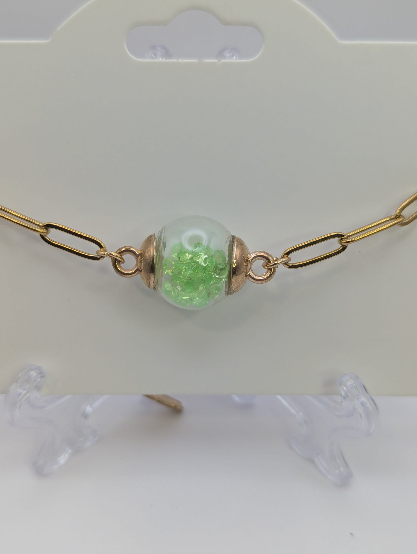 Lime Green Rhinestones Globe Bracelet on Paper-Clip Chain