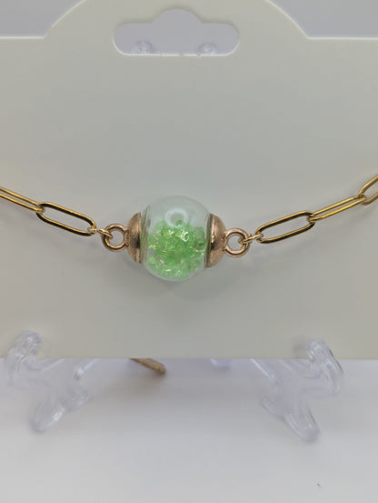 Lime Green Rhinestones Globe Bracelet on Paper-Clip Chain