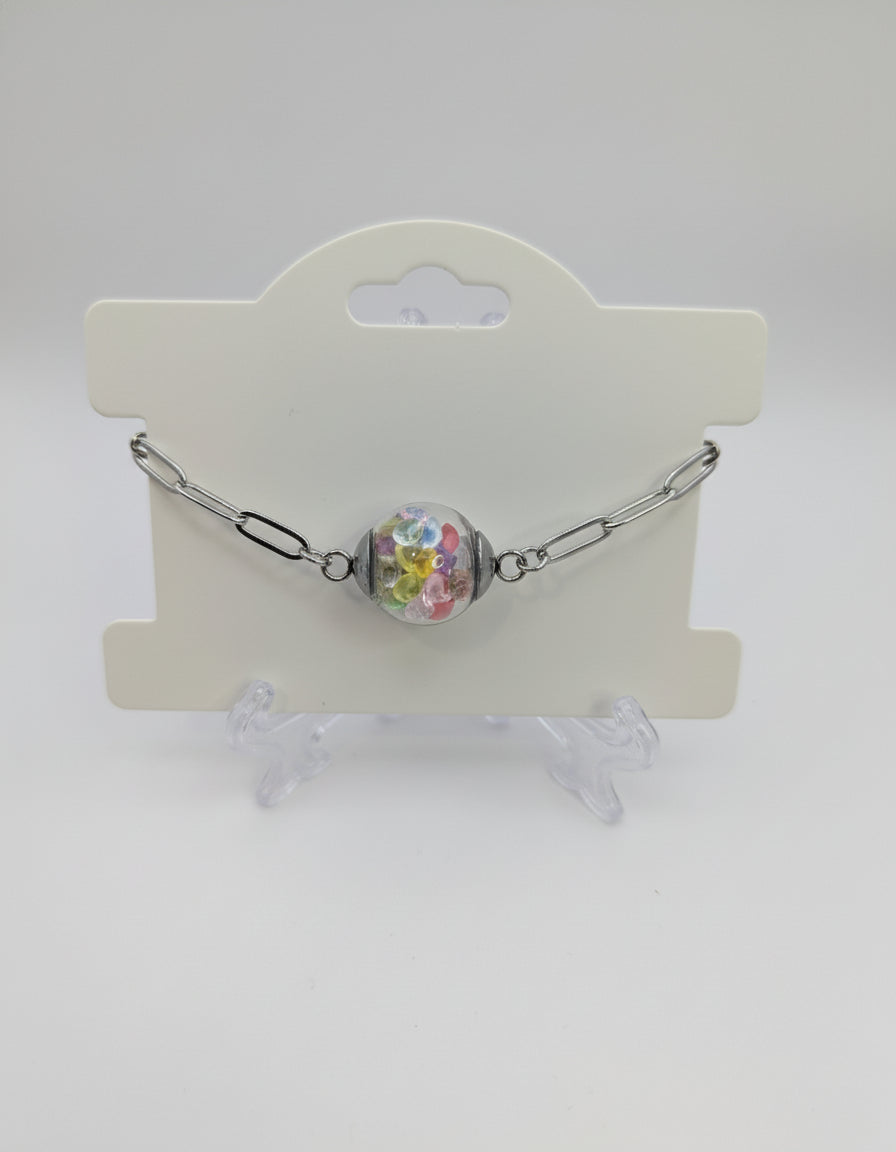 Multicolor Rhinestones Globe on Silver Paperclip Adjustable Bracelet
