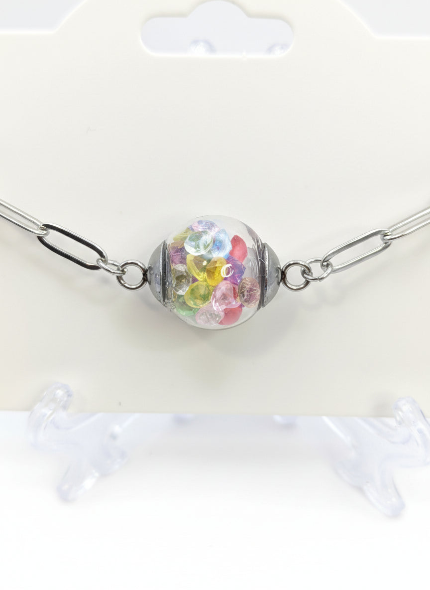 Multicolor Rhinestones Globe on Silver Paperclip Adjustable Bracelet