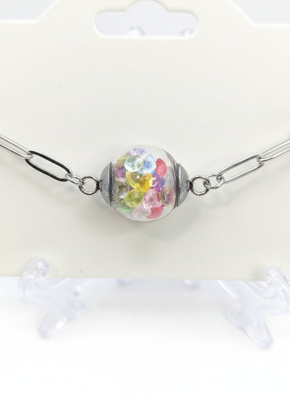 Multicolor Rhinestones Globe on Silver Paperclip Adjustable Bracelet