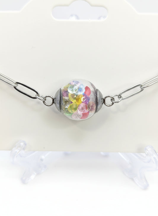 Multicolor Rhinestones Globe on Silver Paperclip Adjustable Bracelet