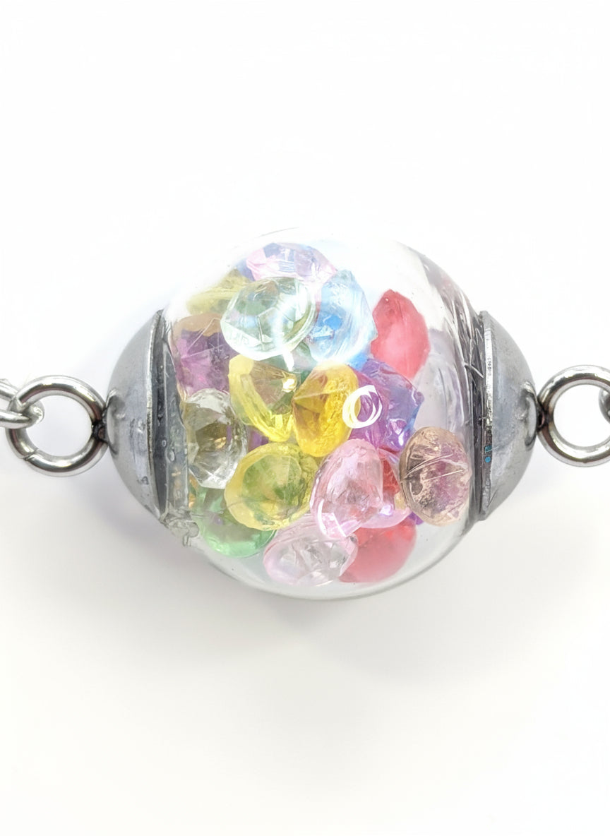 Multicolor Rhinestones Globe on Silver Paperclip Adjustable Bracelet