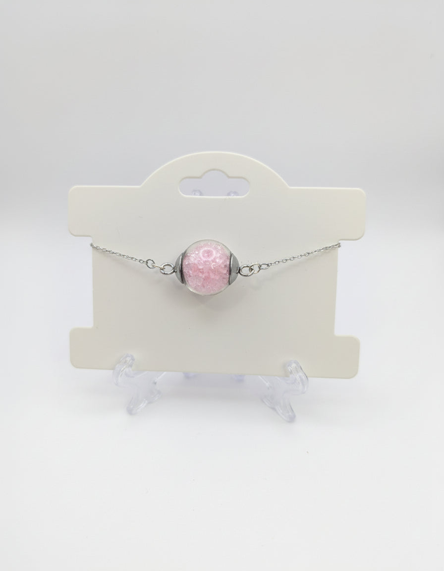 Light Pink Rhinestones Globe on Fine Silver Adjustable Bracelet