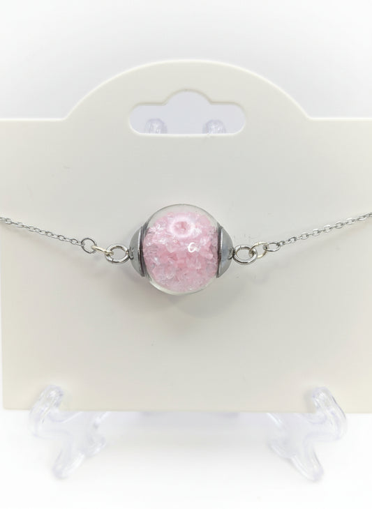 Light Pink Rhinestones Globe on Fine Silver Adjustable Bracelet
