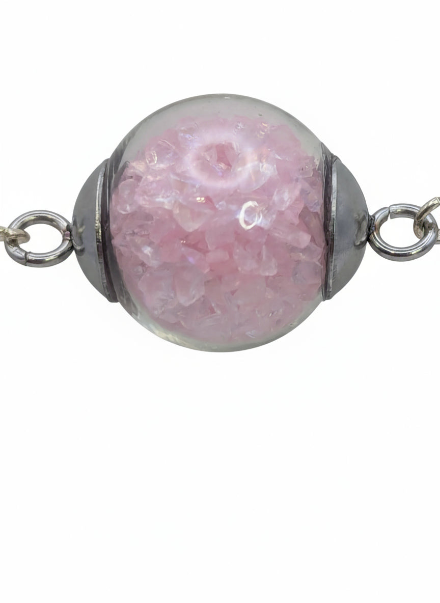 Light Pink Rhinestones Globe on Fine Silver Adjustable Bracelet