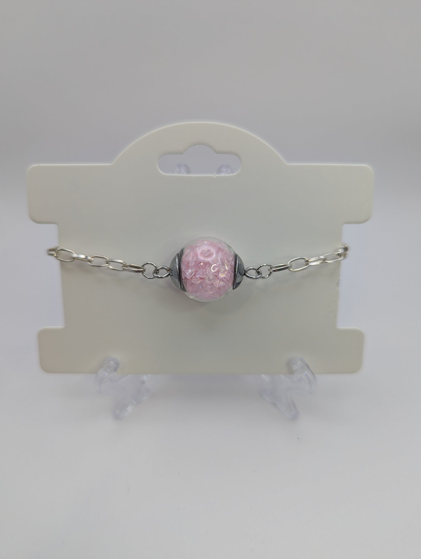 Light Pink Rhinestones Globe on Chunky Silver Adjustable Bracelet