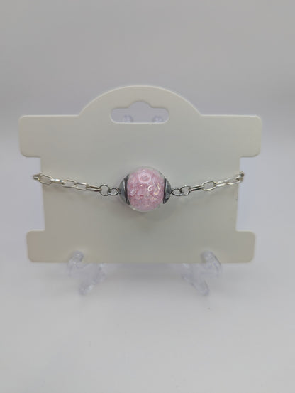 Light Pink Rhinestones Globe on Chunky Silver Adjustable Bracelet