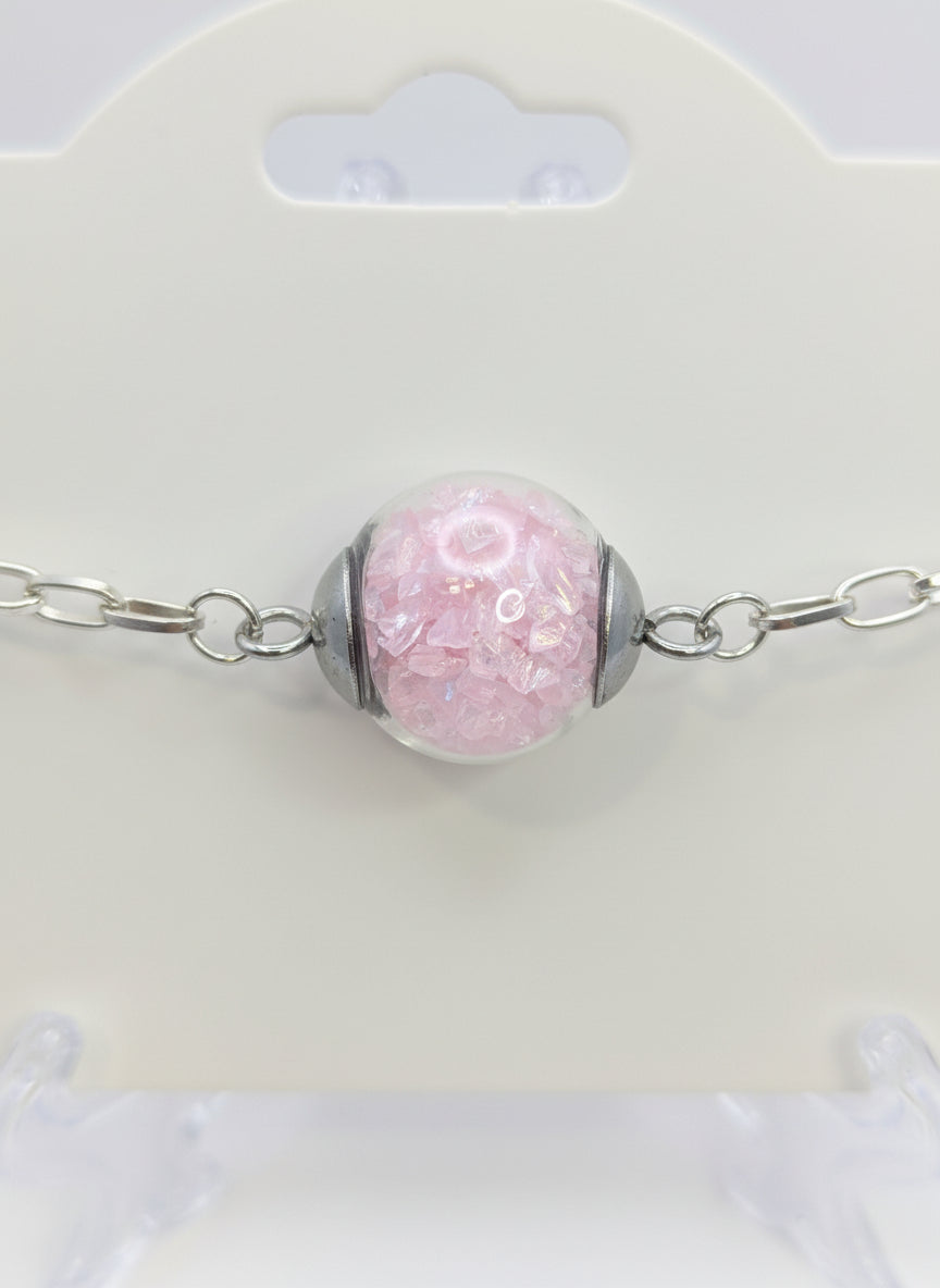 Light Pink Rhinestones Globe on Chunky Silver Adjustable Bracelet