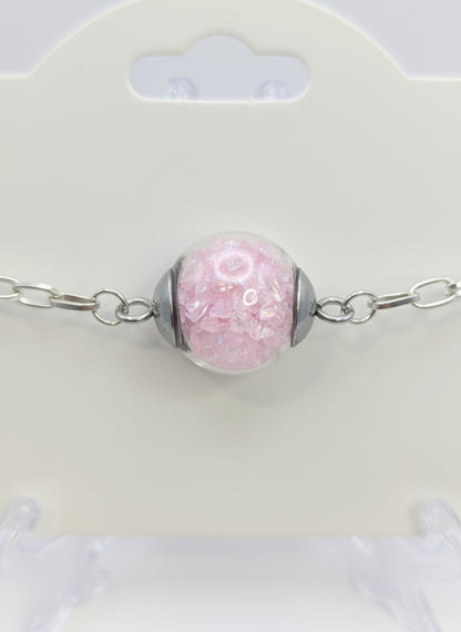 Light Pink Rhinestones Globe on Chunky Silver Adjustable Bracelet