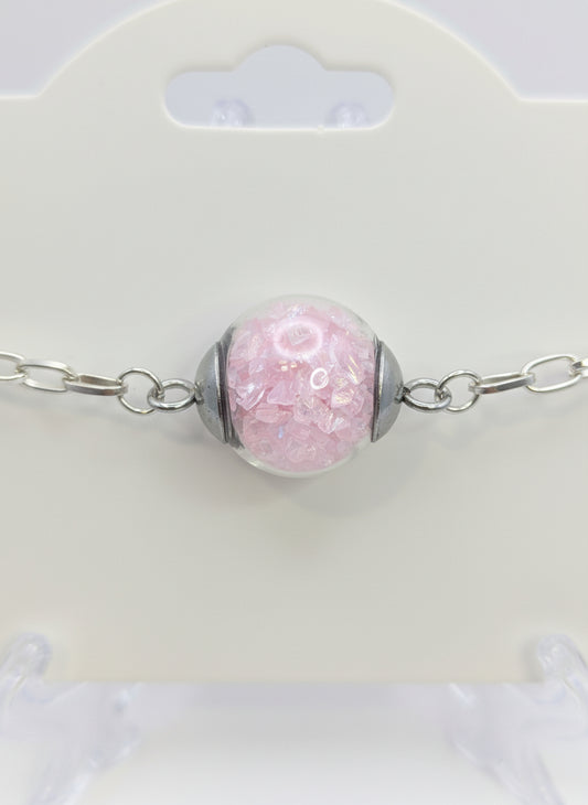 Light Pink Rhinestones Globe on Chunky Silver Adjustable Bracelet
