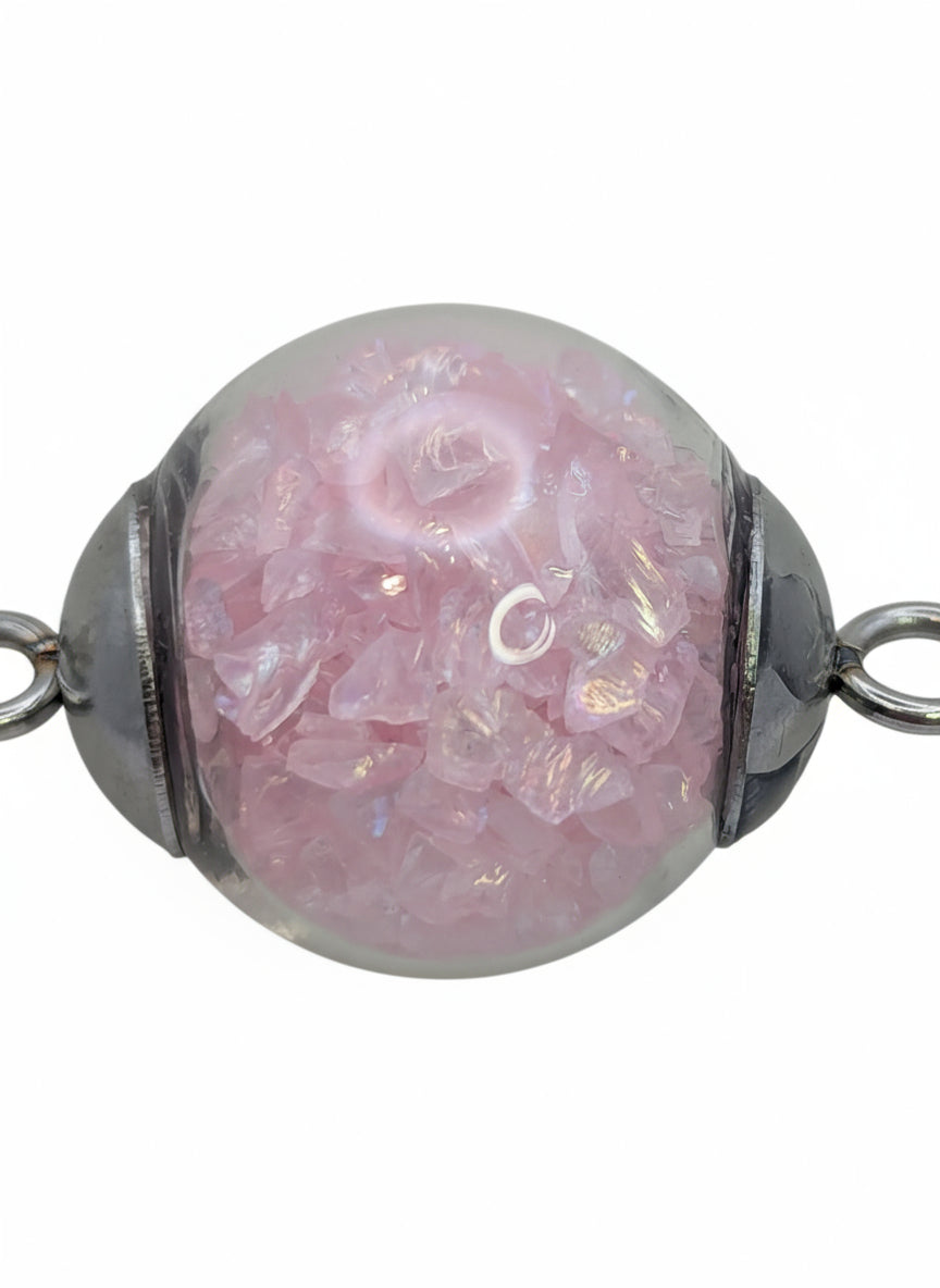 Light Pink Rhinestones Globe on Chunky Silver Adjustable Bracelet
