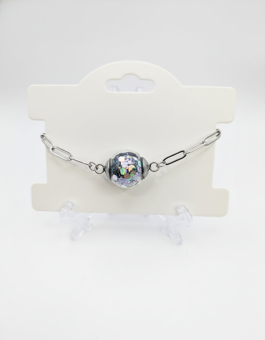 Silver Chunky Glitter Globe on Adjustable Silver Paperclip Bracelet