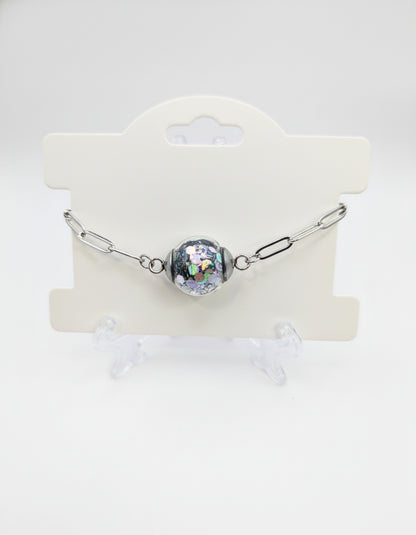 Silver Chunky Glitter Globe on Adjustable Silver Paperclip Bracelet