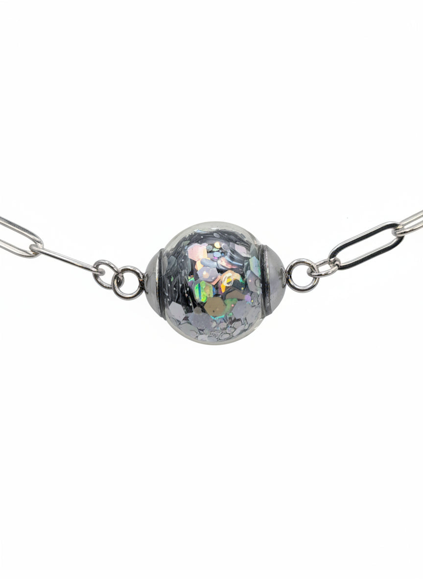Silver Chunky Glitter Globe on Adjustable Silver Paperclip Bracelet