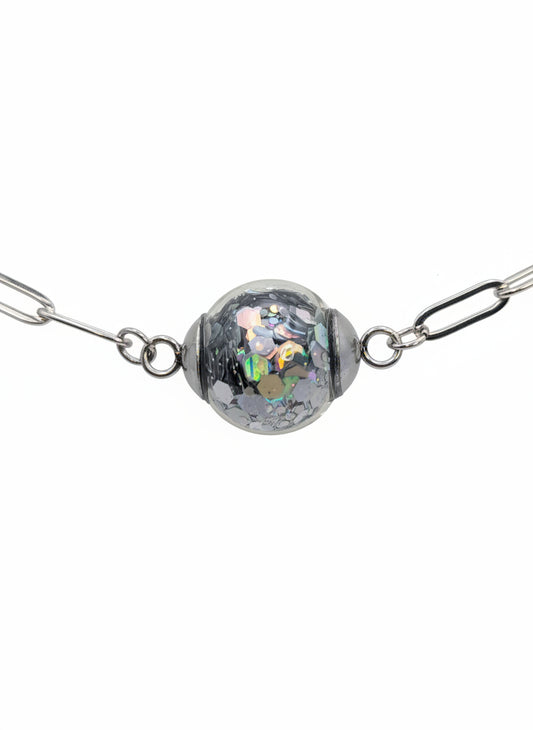 Silver Chunky Glitter Globe on Adjustable Silver Paperclip Bracelet