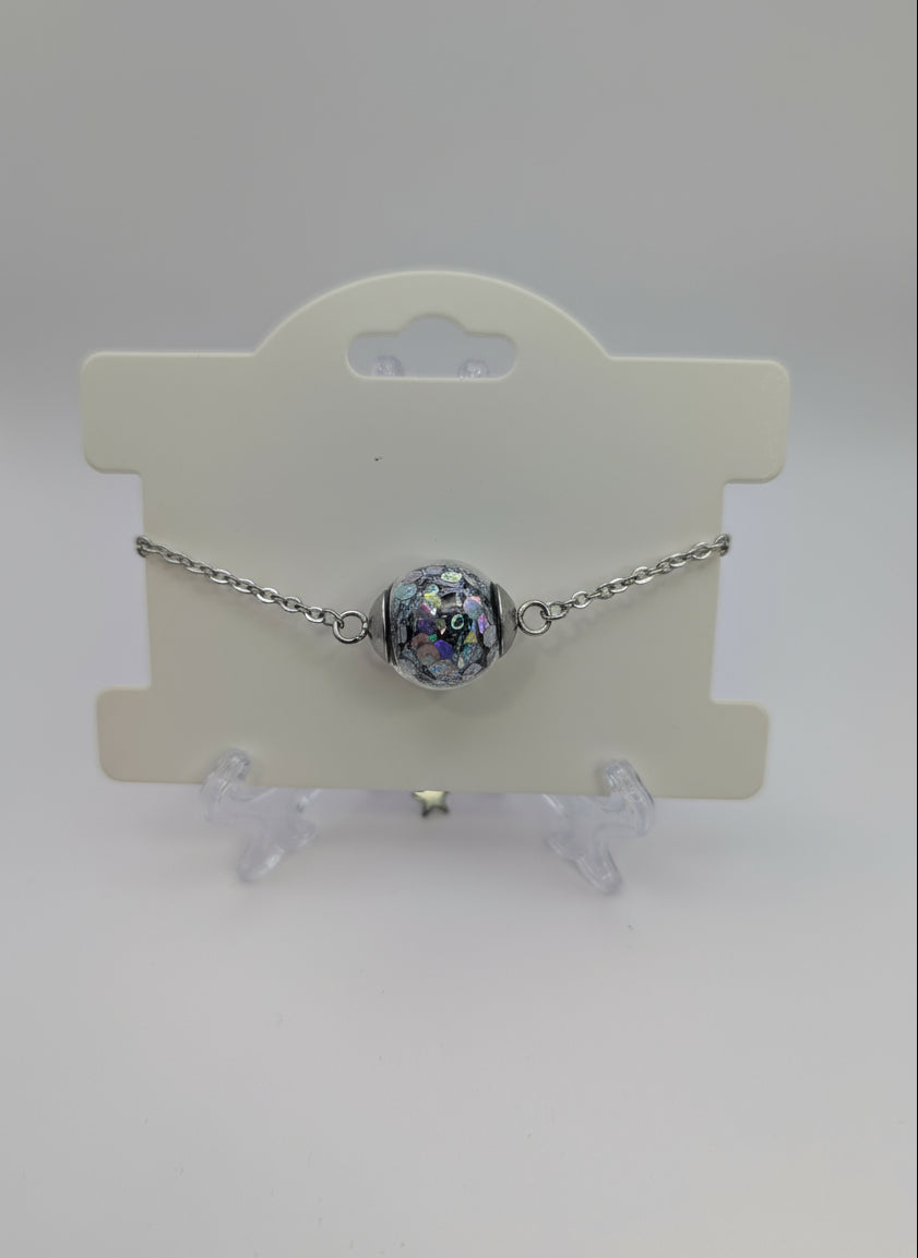 Silver Chunky Glitter Globe on Adjustable Silver Chain Bracelet