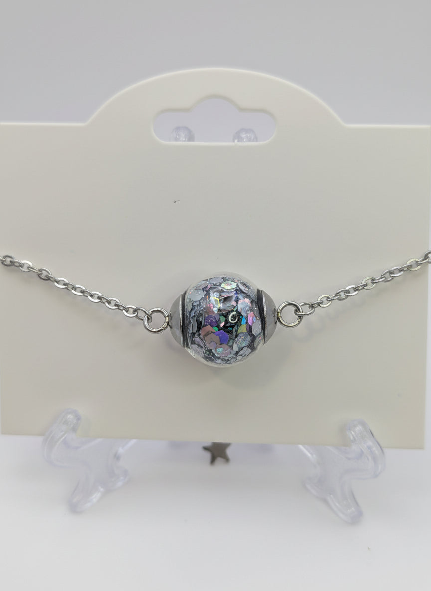 Silver Chunky Glitter Globe on Adjustable Silver Chain Bracelet