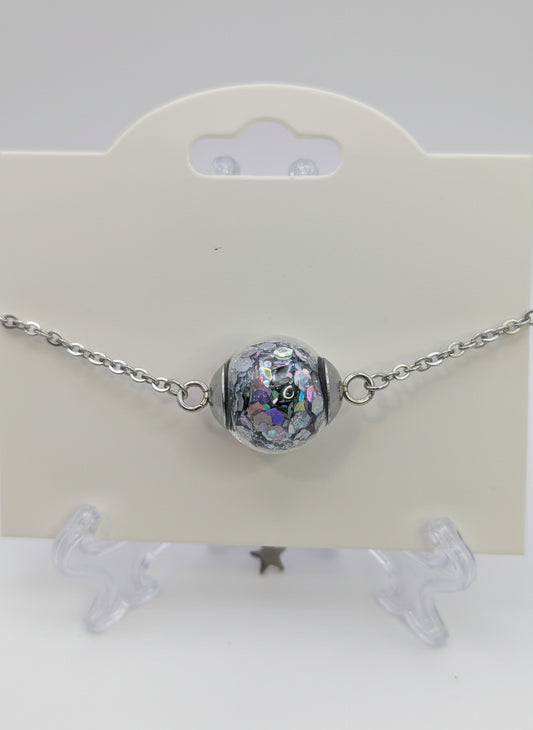 Silver Chunky Glitter Globe on Adjustable Silver Chain Bracelet