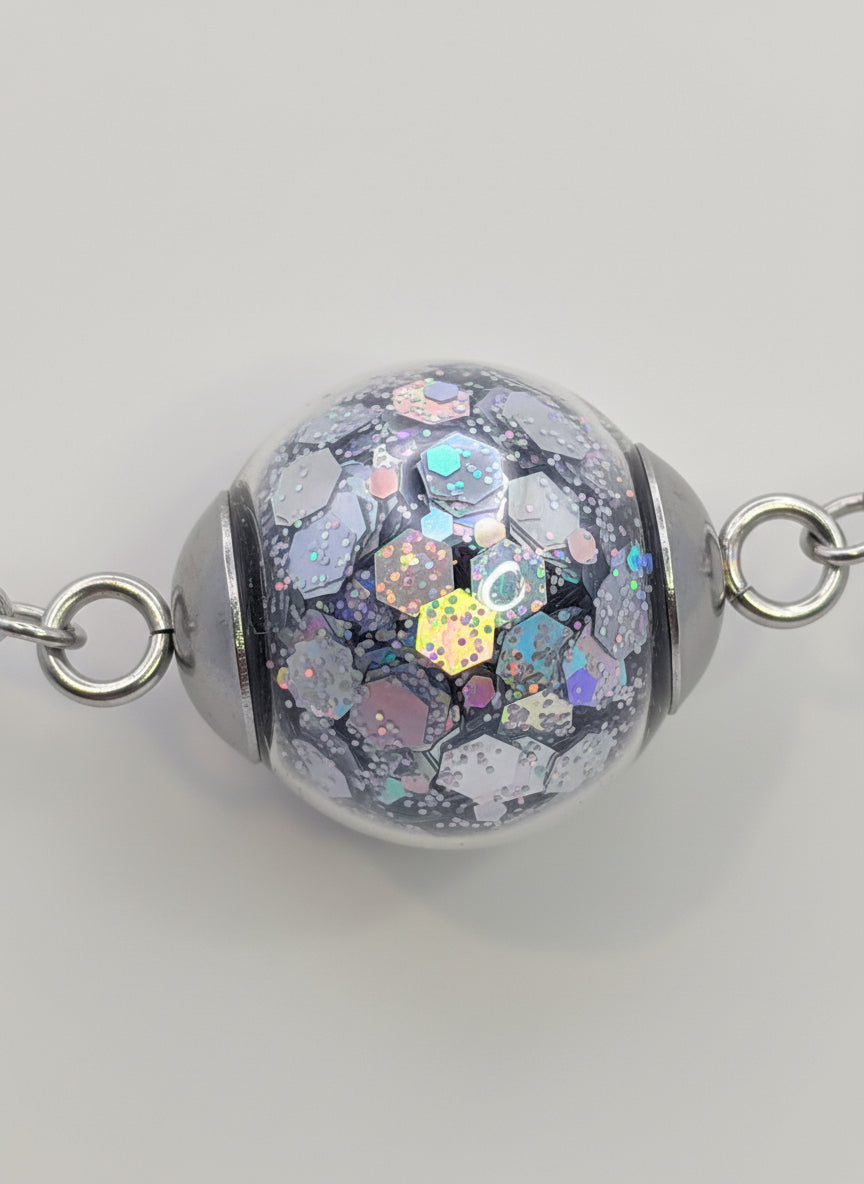 Silver Chunky Glitter Globe on Adjustable Silver Chain Bracelet