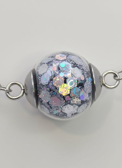 Silver Chunky Glitter Globe on Adjustable Silver Chain Bracelet