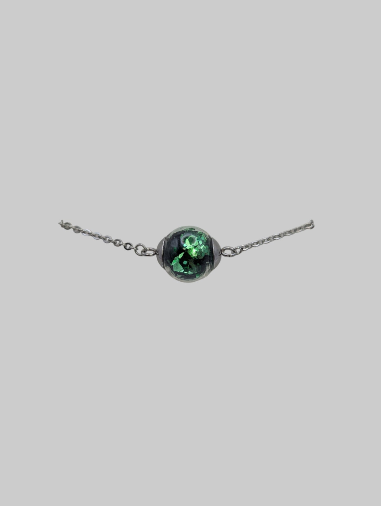 Green Chunky Glitter Globe on Adjustable Silver Chain Bracelet