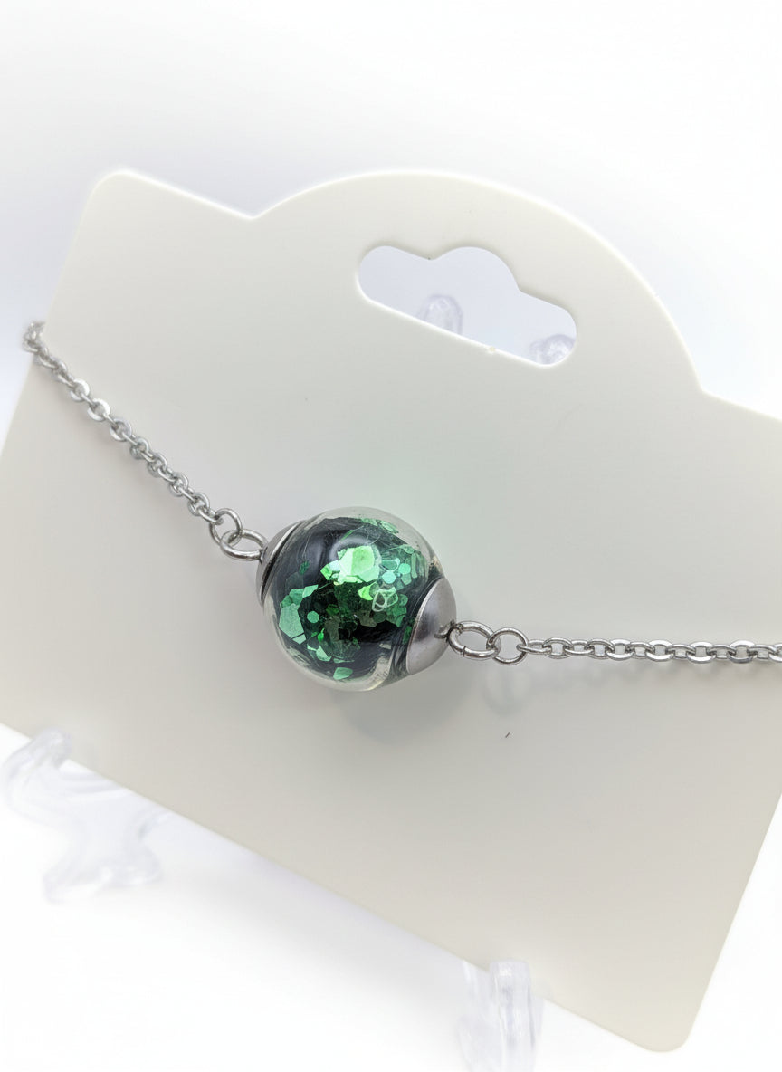 Green Chunky Glitter Globe on Adjustable Silver Chain Bracelet