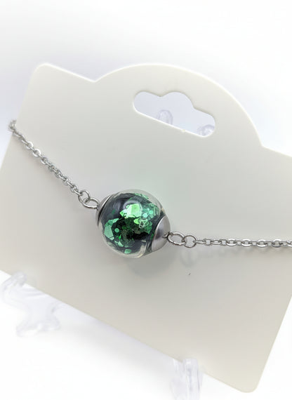 Green Chunky Glitter Globe on Adjustable Silver Chain Bracelet