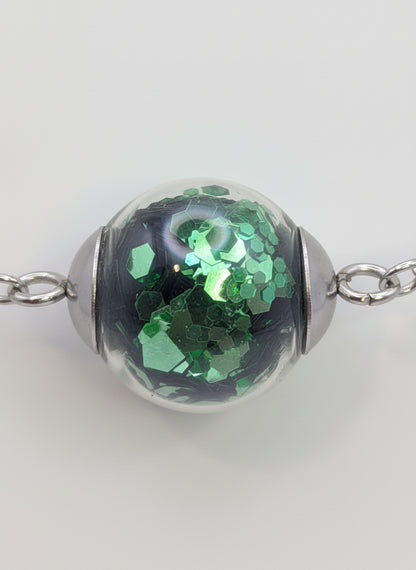 Green Chunky Glitter Globe on Adjustable Silver Chain Bracelet