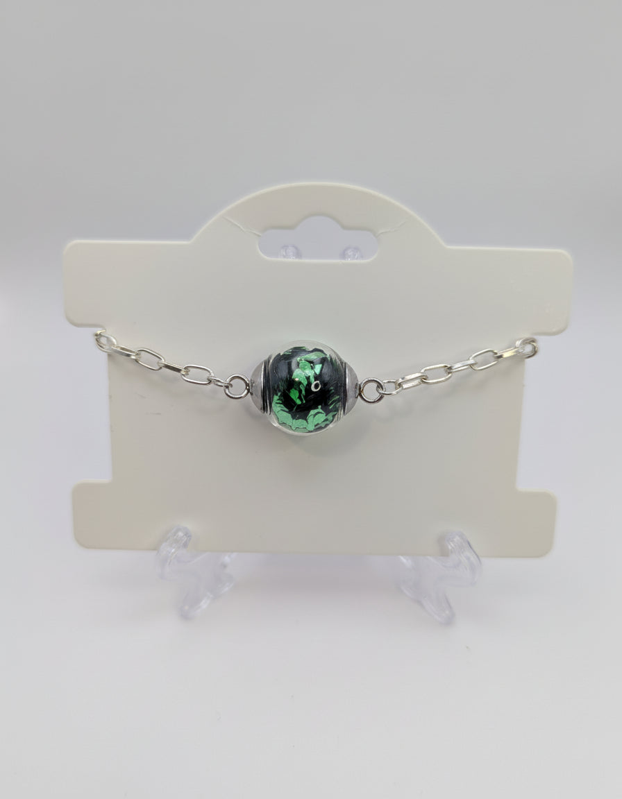 Green Glitter Globe on Adjustable Silver Chunky Chain Bracelet