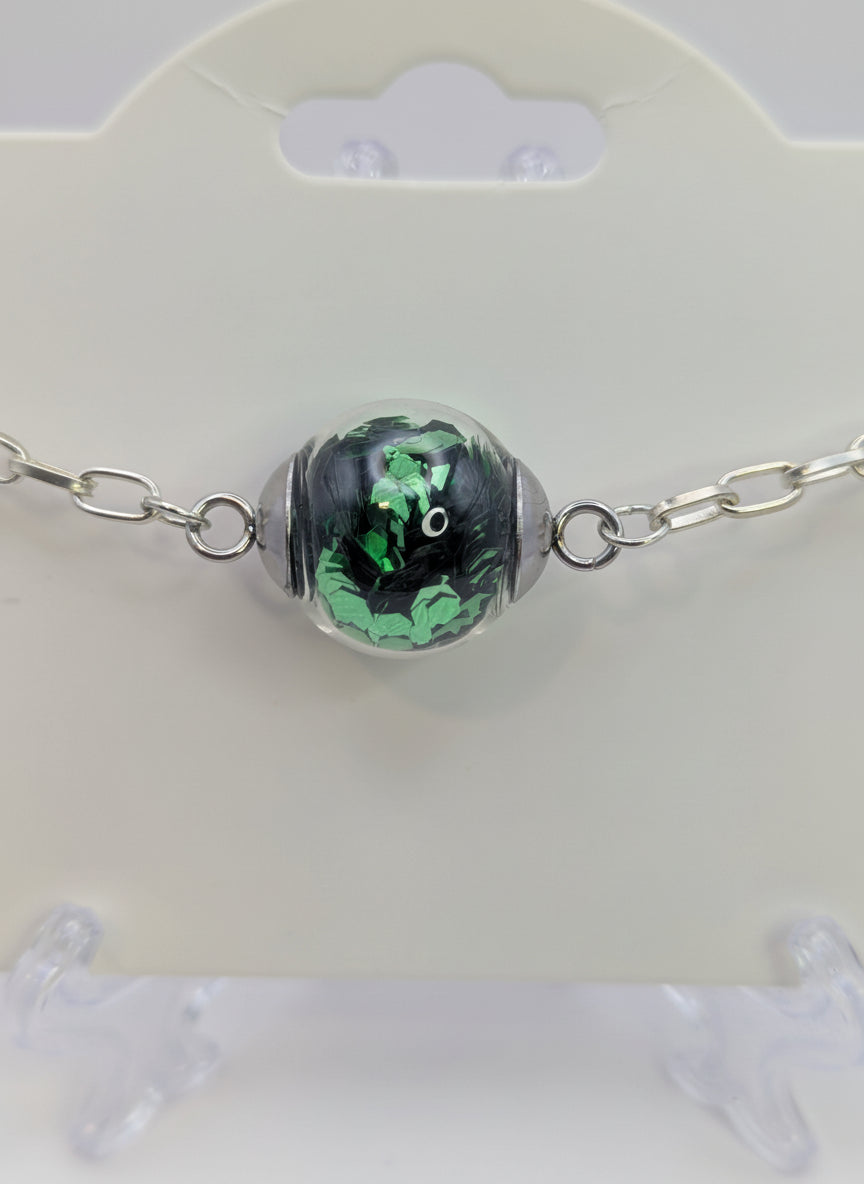 Green Glitter Globe on Adjustable Silver Chunky Chain Bracelet