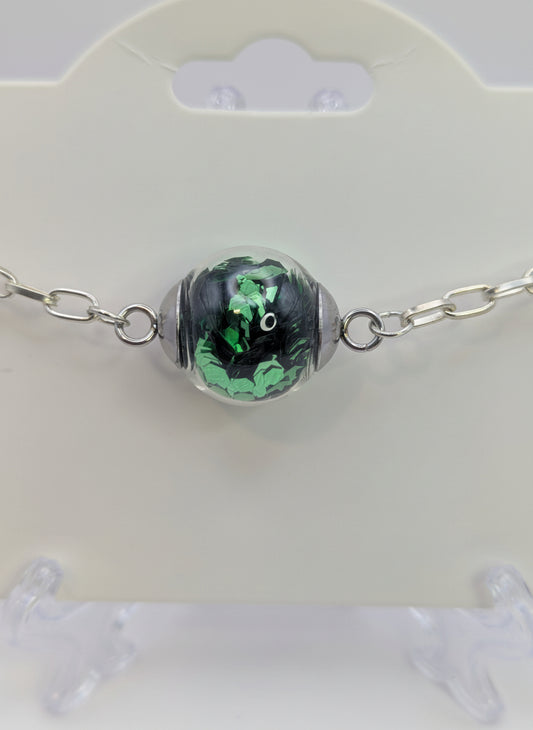 Green Glitter Globe on Adjustable Silver Chunky Chain Bracelet