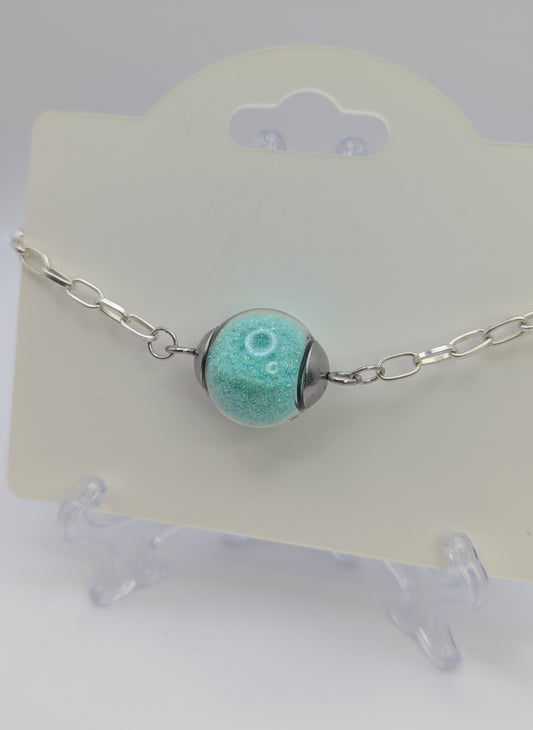 Mint Green Glitter Globe on Adjustable Chunky Silver Chain Bracelet