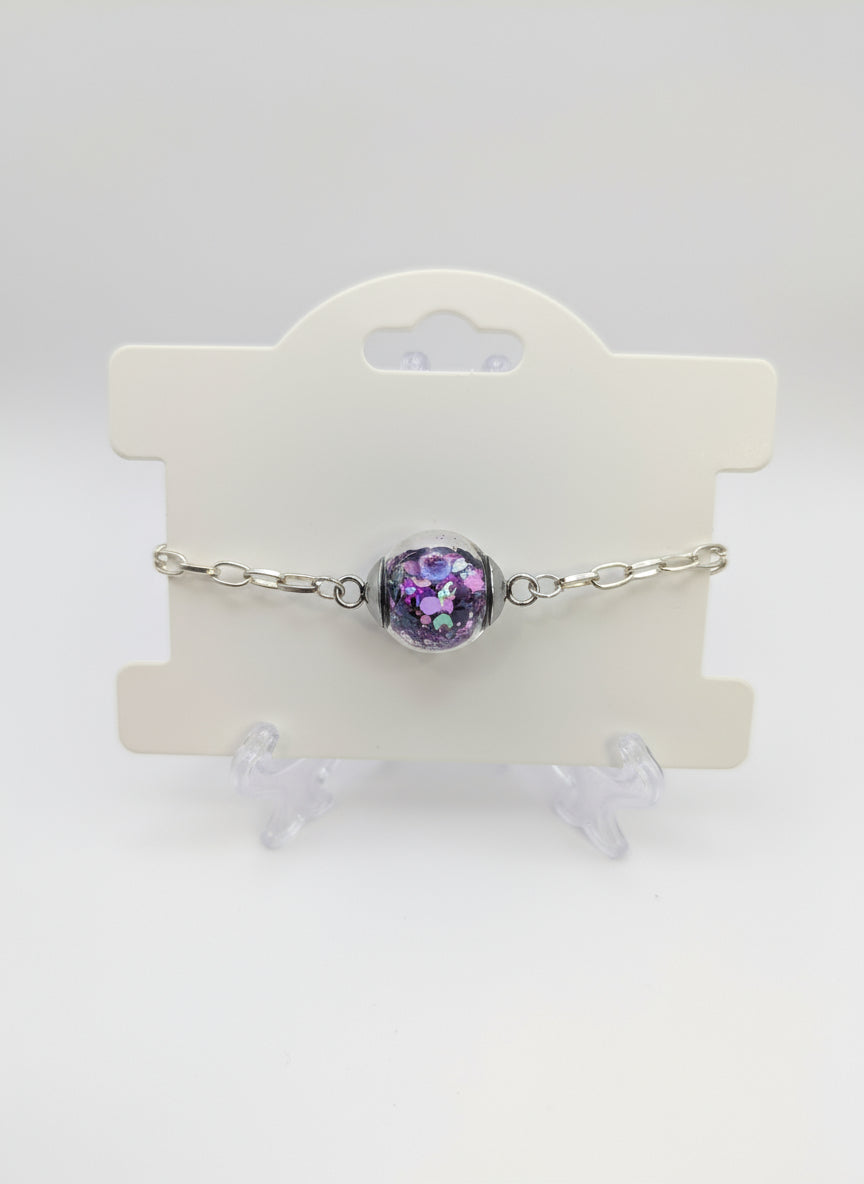 Purple Glitter Globe on Adjustable Silver Chunky Chain Bracelet